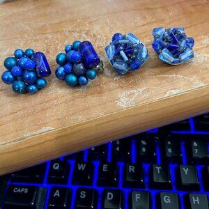 VINTAGE 2) BLUE CLIP ON EARRINGS FAUX PEARL AND BLUE BEADS GOOD CONDITION